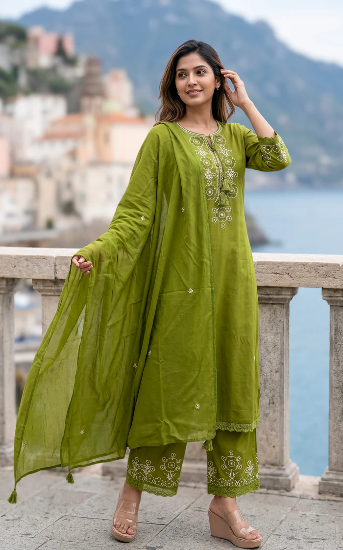 Poongothai Olive Green Straight Cut Embroidery Kurti